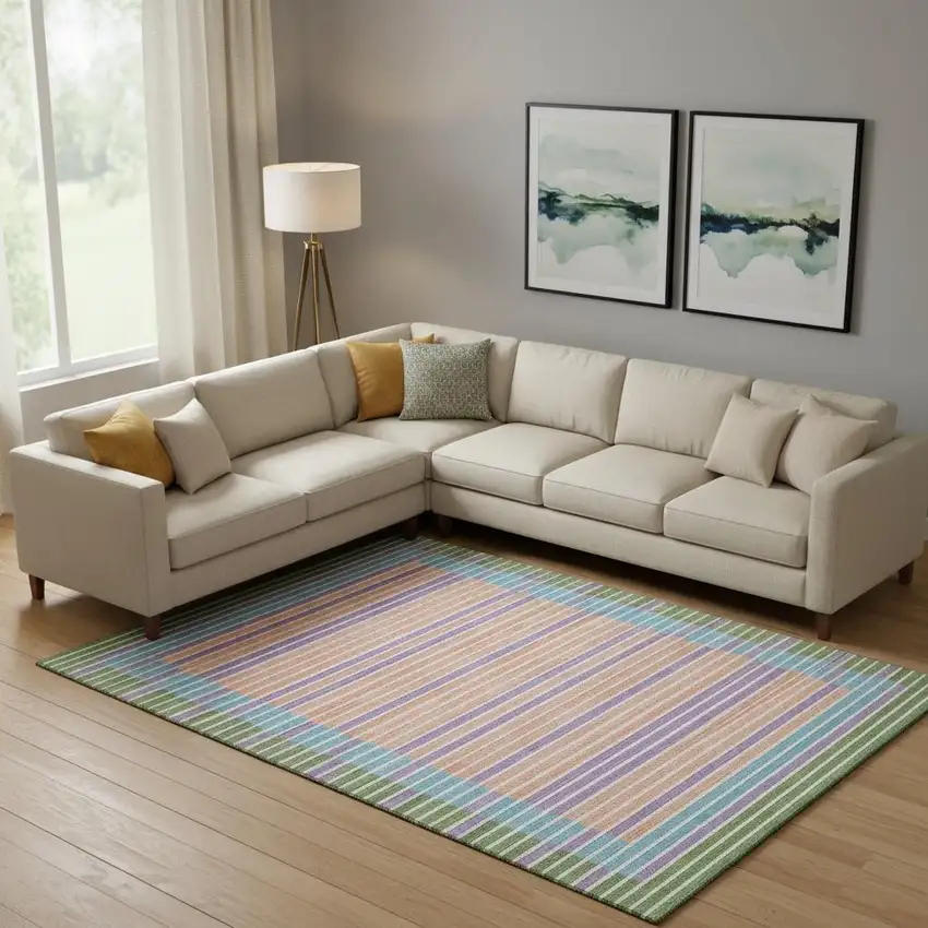 Lime Green Peach Teal And Purple Striped Washable Area Rug With UV Protection Photo 2