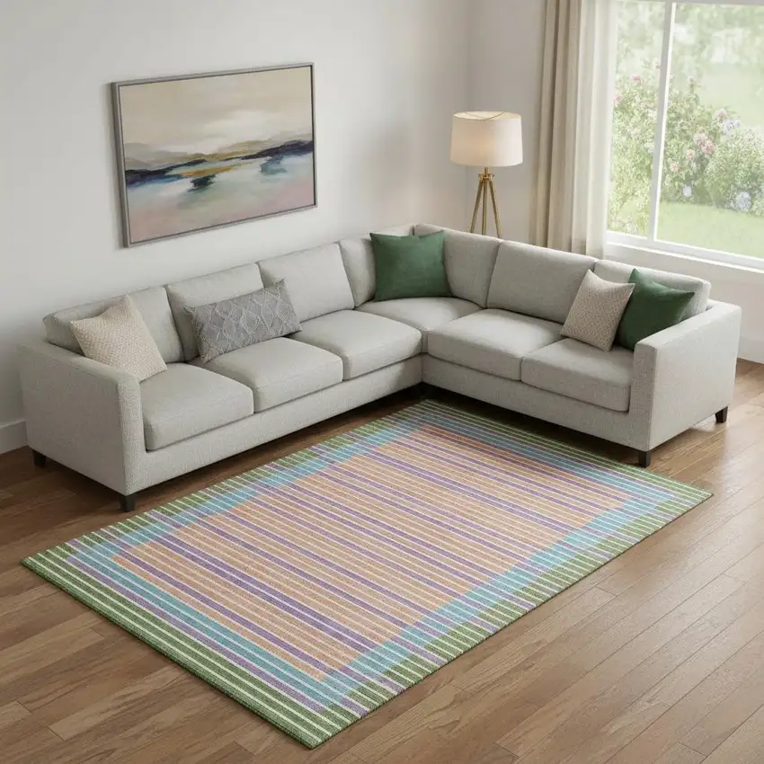 Lime Green Peach Teal And Purple Striped Washable Area Rug With UV Protection Photo 2