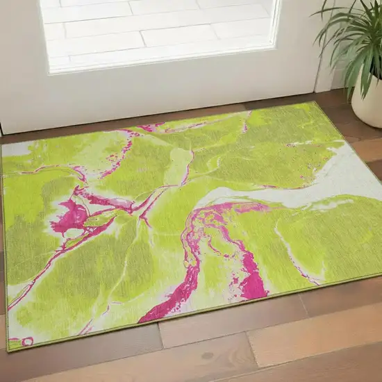 Lime Green Pink And Ivory Abstract Washable Area Rug With UV Protection Photo 2