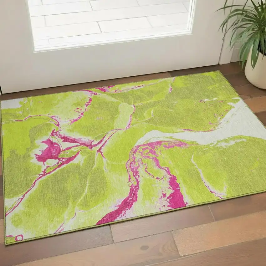 Lime Green Pink And Ivory Abstract Washable Area Rug With UV Protection Photo 2