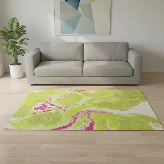 Lime Green Pink And Ivory Abstract Washable Area Rug With UV Protection Photo 2
