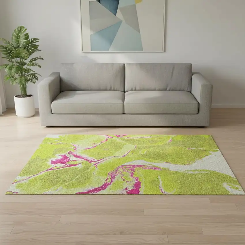 Lime Green Pink And Ivory Abstract Washable Area Rug With UV Protection Photo 2