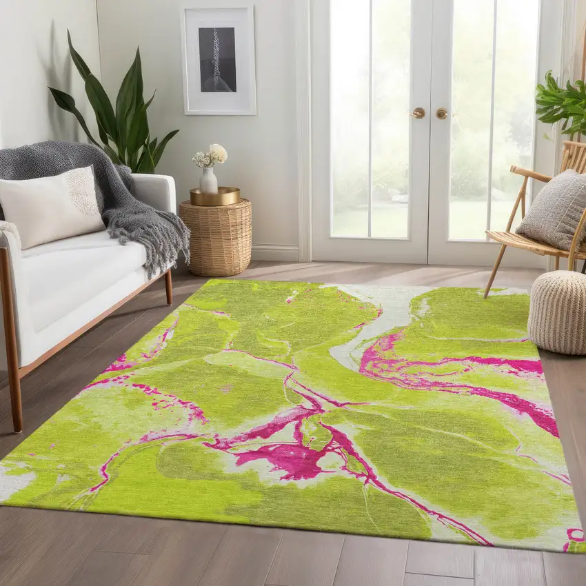 Lime Green Pink And Ivory Abstract Washable Area Rug With UV Protection Photo 5