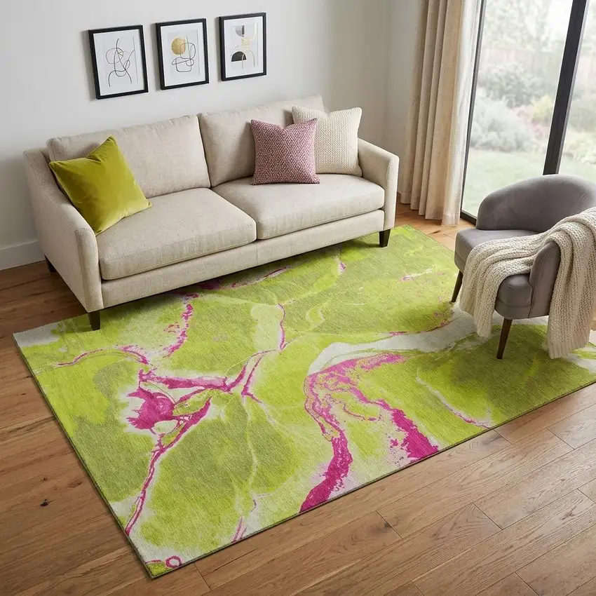 Lime Green Pink And Ivory Abstract Washable Area Rug With UV Protection Photo 1