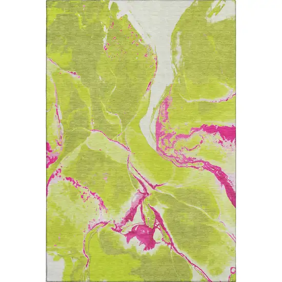Lime Green Pink And Ivory Abstract Washable Area Rug With UV Protection Photo 1