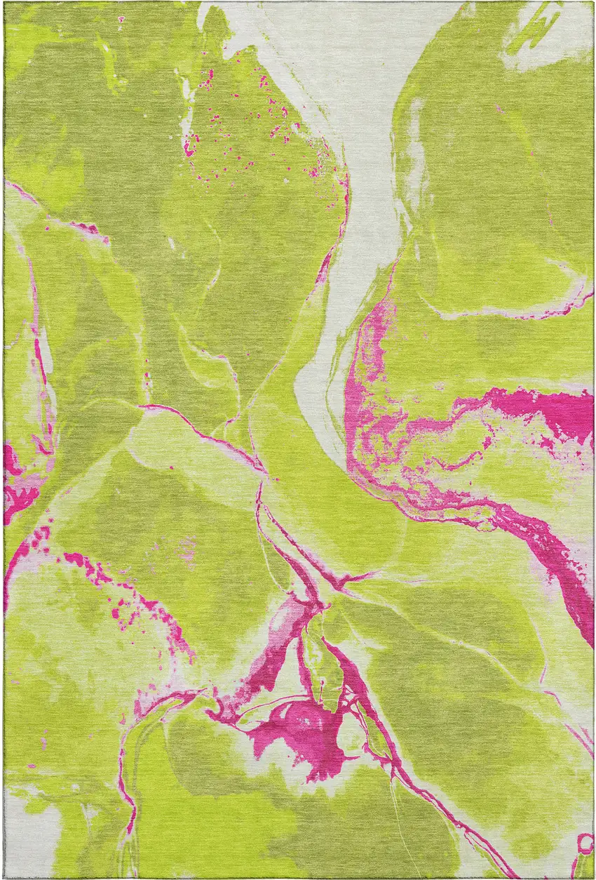 Lime Green Pink And Ivory Abstract Washable Area Rug With UV Protection Photo 1