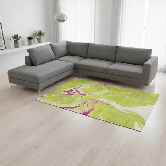Lime Green Pink And Ivory Abstract Washable Area Rug With UV Protection Photo 2