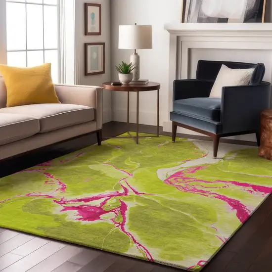 Lime Green Pink And Ivory Abstract Washable Area Rug With UV Protection Photo 4