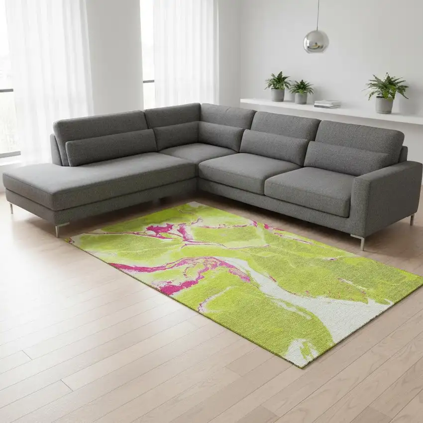 Lime Green Pink And Ivory Abstract Washable Area Rug With UV Protection Photo 2