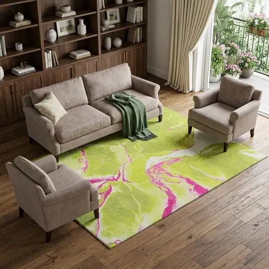 Lime Green Pink And Ivory Abstract Washable Area Rug With UV Protection Photo 1
