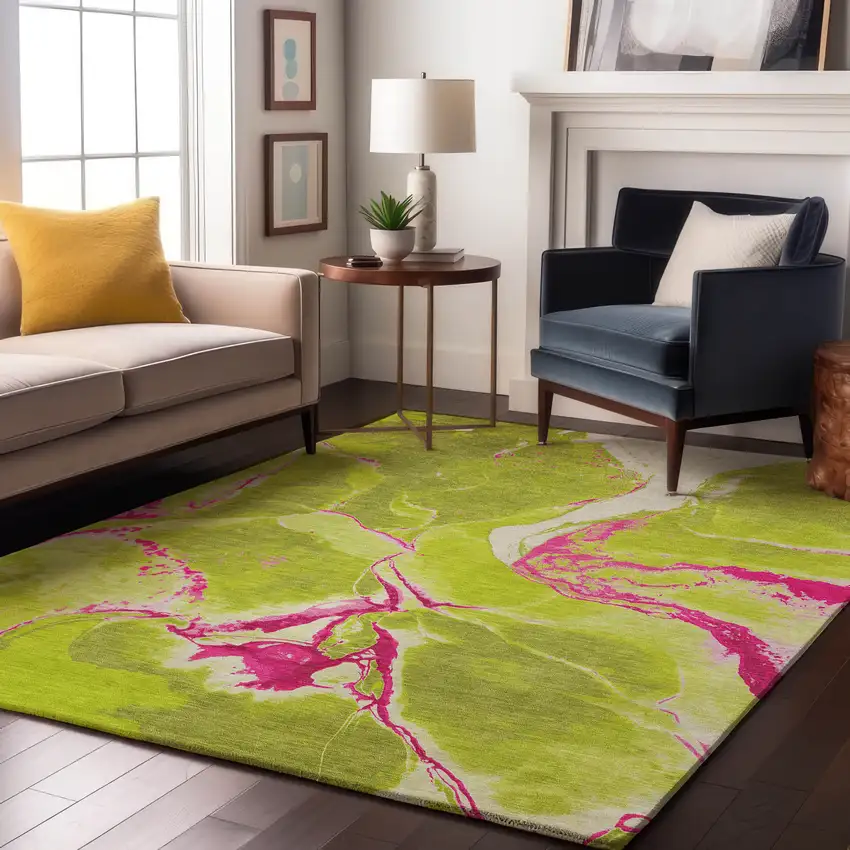 Lime Green Pink And Ivory Abstract Washable Area Rug With UV Protection Photo 4