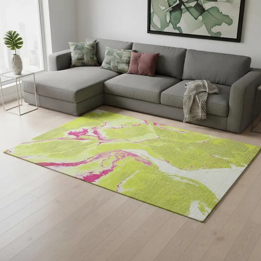 Lime Green Pink And Ivory Abstract Washable Area Rug With UV Protection Photo 2
