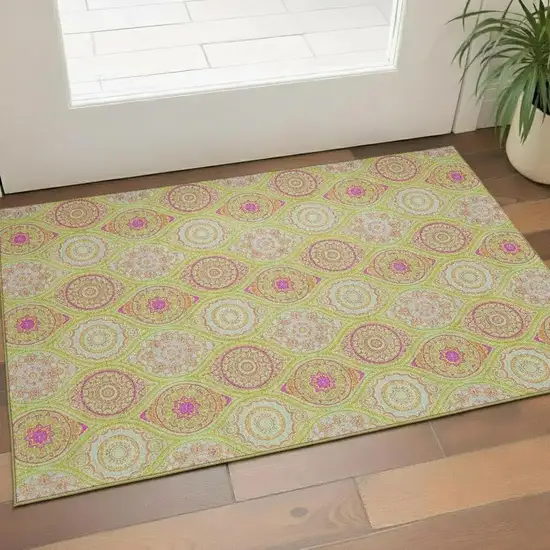 Lime Green Pink And Ivory Ogee Washable Area Rug With UV Protection Photo 2