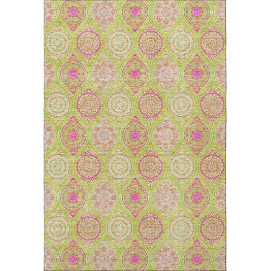 Lime Green Pink And Ivory Ogee Washable Area Rug With UV Protection Photo 3