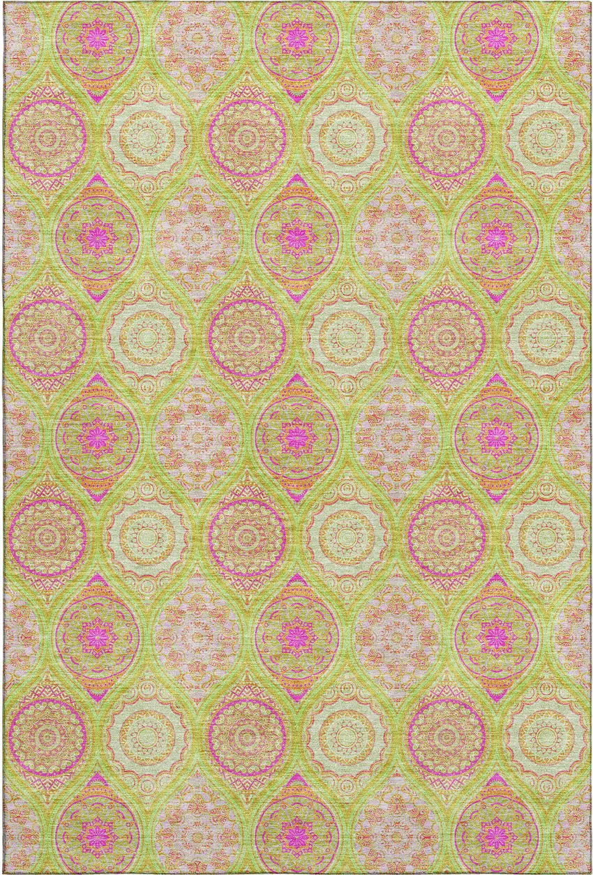 Lime Green Pink And Ivory Ogee Washable Area Rug With UV Protection Photo 1