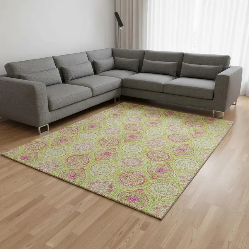 Lime Green Pink And Ivory Ogee Washable Area Rug With UV Protection Photo 2