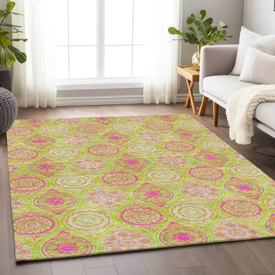 Lime Green Pink And Ivory Ogee Washable Area Rug With UV Protection Photo 4