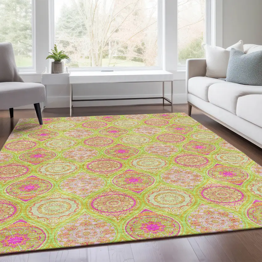 Lime Green Pink And Ivory Ogee Washable Area Rug With UV Protection Photo 5