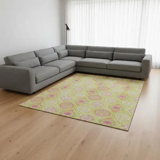 Lime Green Pink And Ivory Ogee Washable Area Rug With UV Protection Photo 2