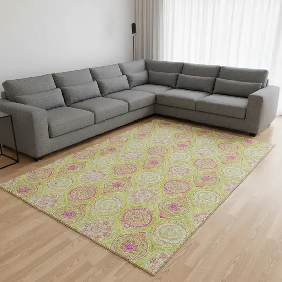 Lime Green Pink And Ivory Ogee Washable Area Rug With UV Protection Photo 2