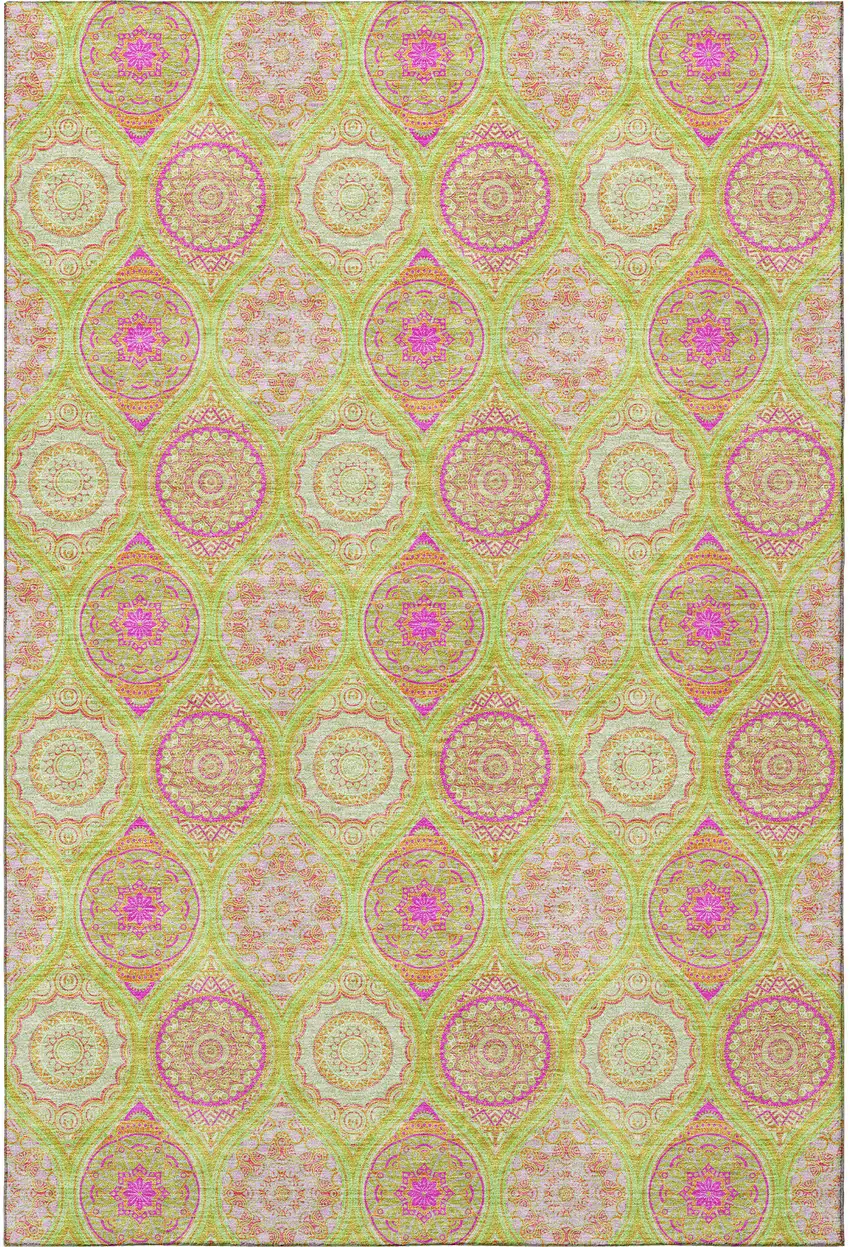 Lime Green Pink And Ivory Ogee Washable Area Rug With UV Protection Photo 3