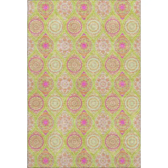 Lime Green Pink And Ivory Ogee Washable Area Rug With UV Protection Photo 1