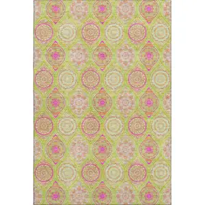 Photo of Lime Green Pink And Ivory Ogee Washable Area Rug With UV Protection