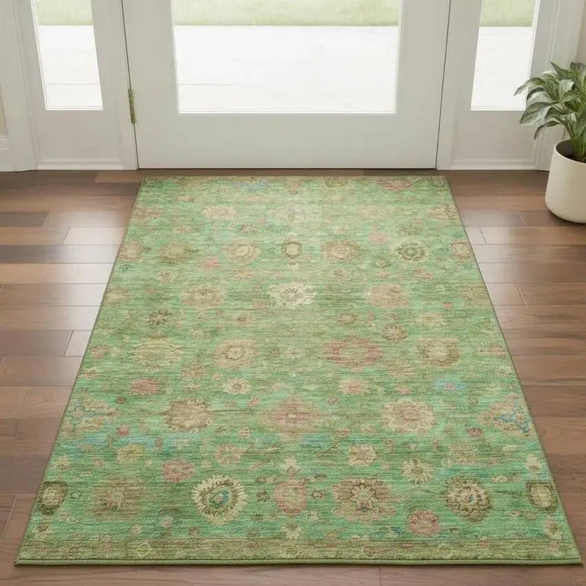 Lime Green Pink And Teal Damask Washable Area Rug With UV Protection Photo 2