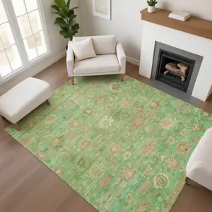 Photo of Lime Green Pink And Teal Damask Washable Area Rug With UV Protection