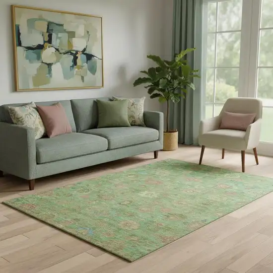 Lime Green Pink And Teal Damask Washable Area Rug With UV Protection Photo 2