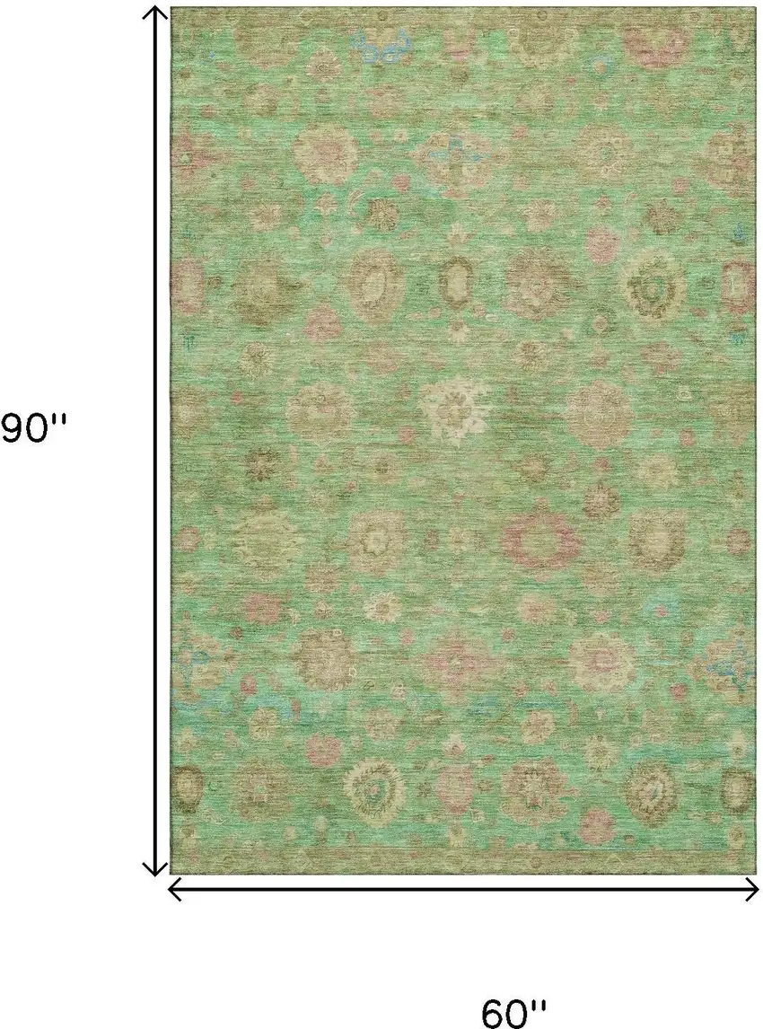 Lime Green Pink And Teal Damask Washable Area Rug With UV Protection Photo 9