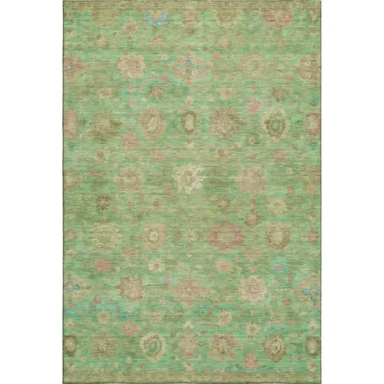 Lime Green Pink And Teal Damask Washable Area Rug With UV Protection Photo 1