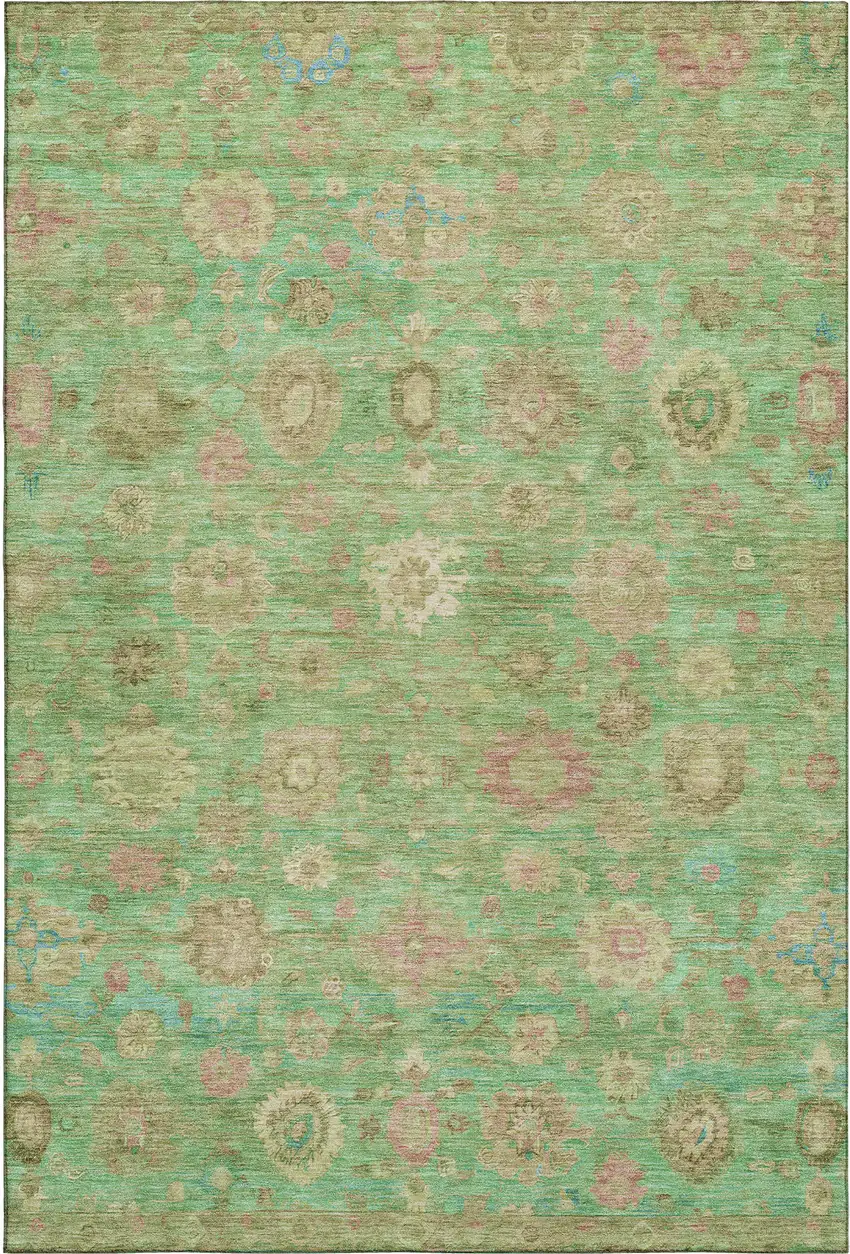 Lime Green Pink And Teal Damask Washable Area Rug With UV Protection Photo 1