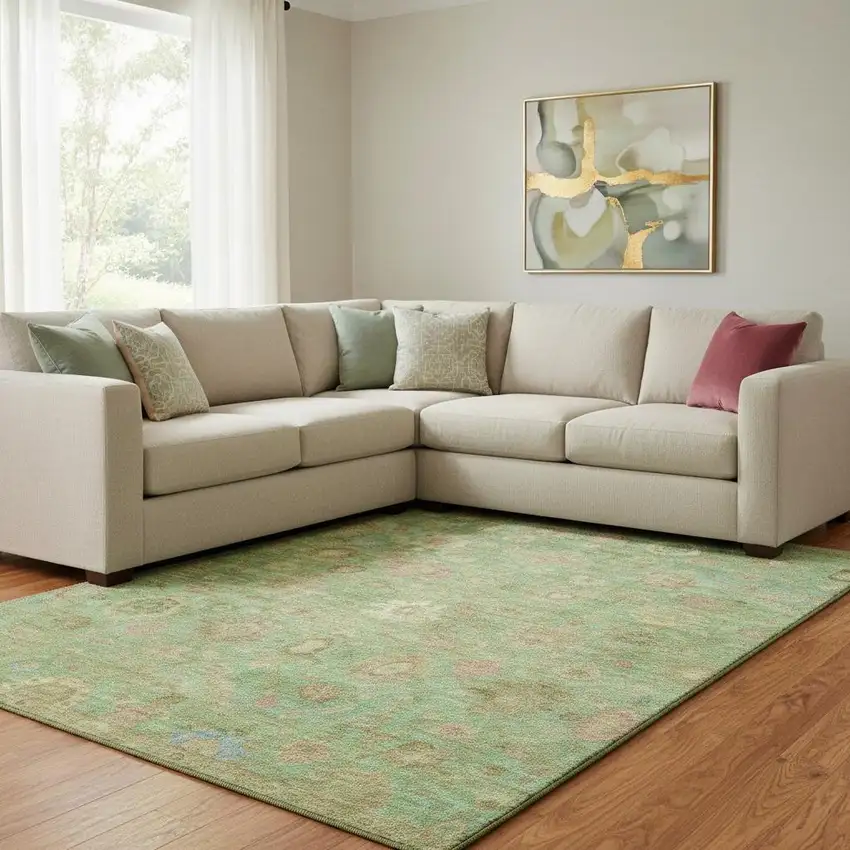 Lime Green Pink And Teal Damask Washable Area Rug With UV Protection Photo 2