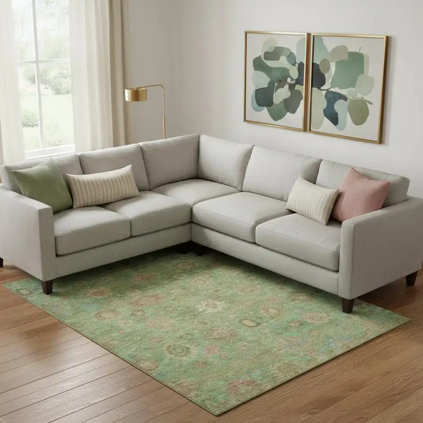 Lime Green Pink And Teal Damask Washable Area Rug With UV Protection Photo 2