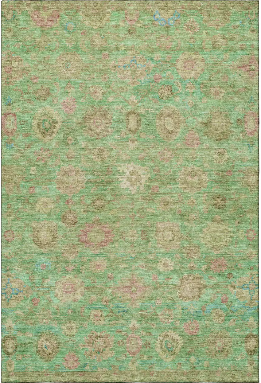Lime Green Pink And Teal Damask Washable Area Rug With UV Protection Photo 3