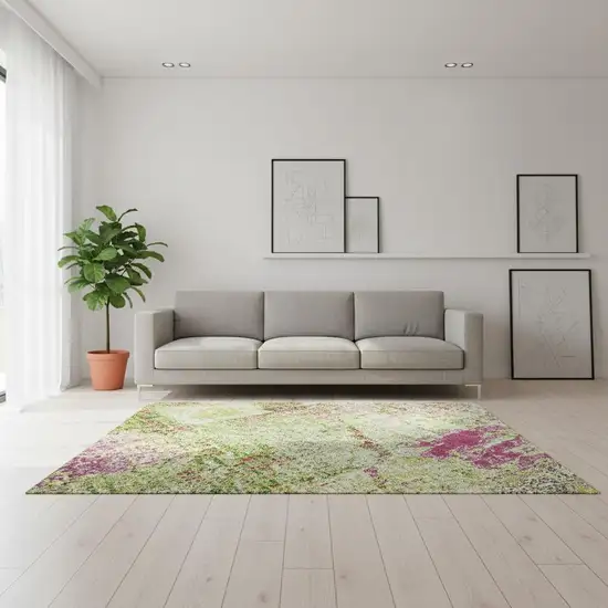 Lime Green Pink And Yellow Abstract Washable Area Rug With UV Protection Photo 2