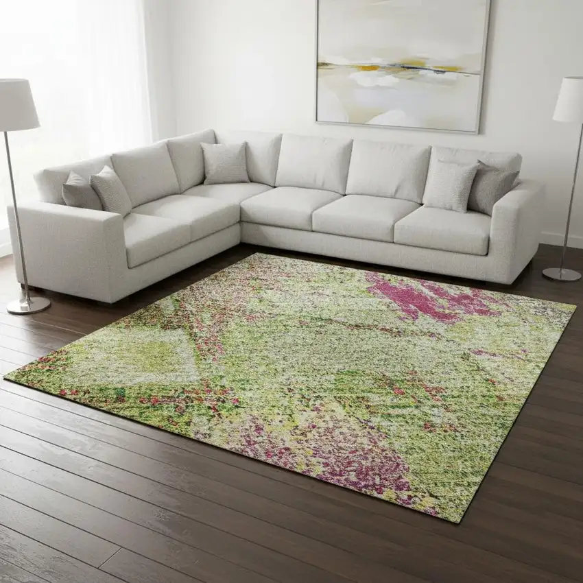 Lime Green Pink And Yellow Abstract Washable Area Rug With UV Protection Photo 2