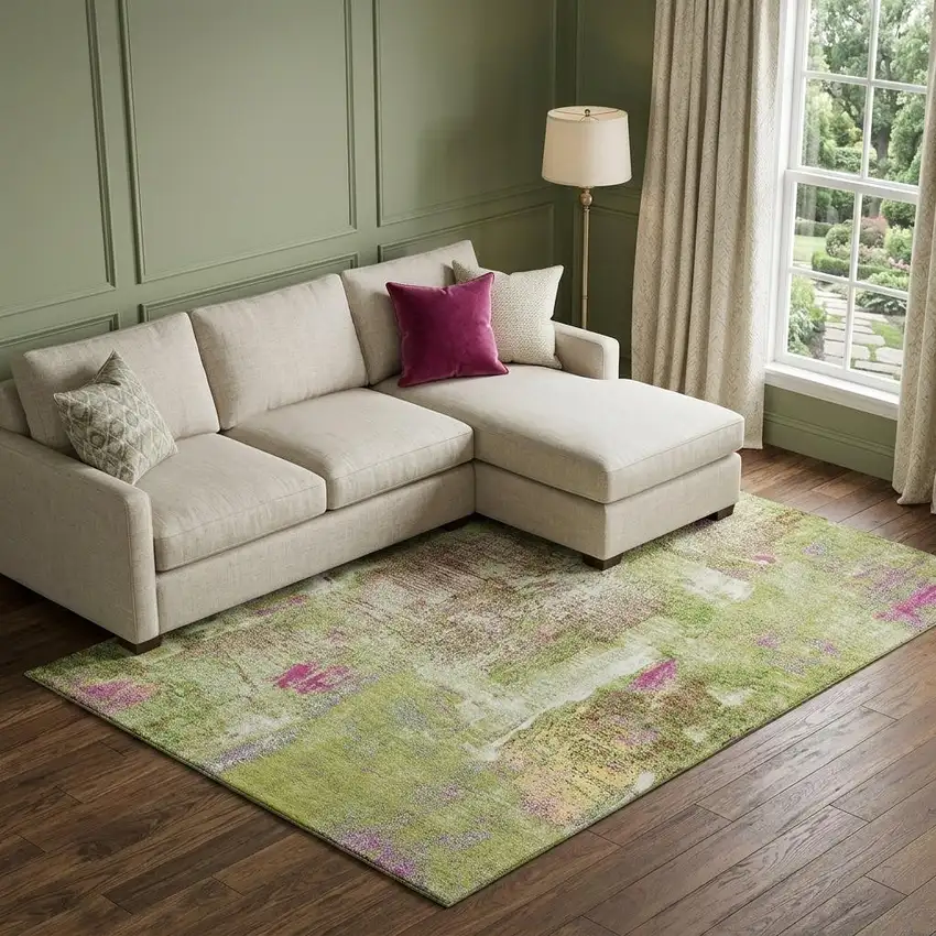 Lime Green Pink And Yellow Abstract Washable Area Rug With UV Protection Photo 1