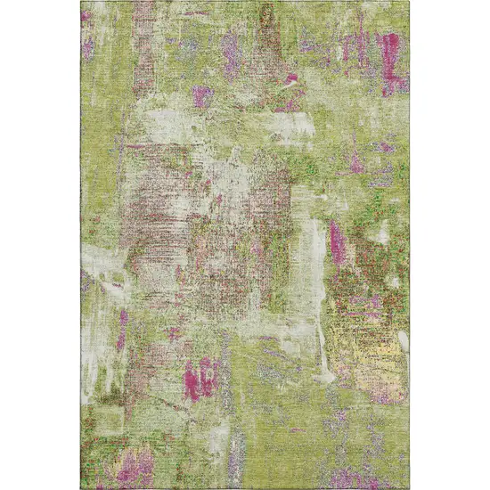 Lime Green Pink And Yellow Abstract Washable Area Rug With UV Protection Photo 4