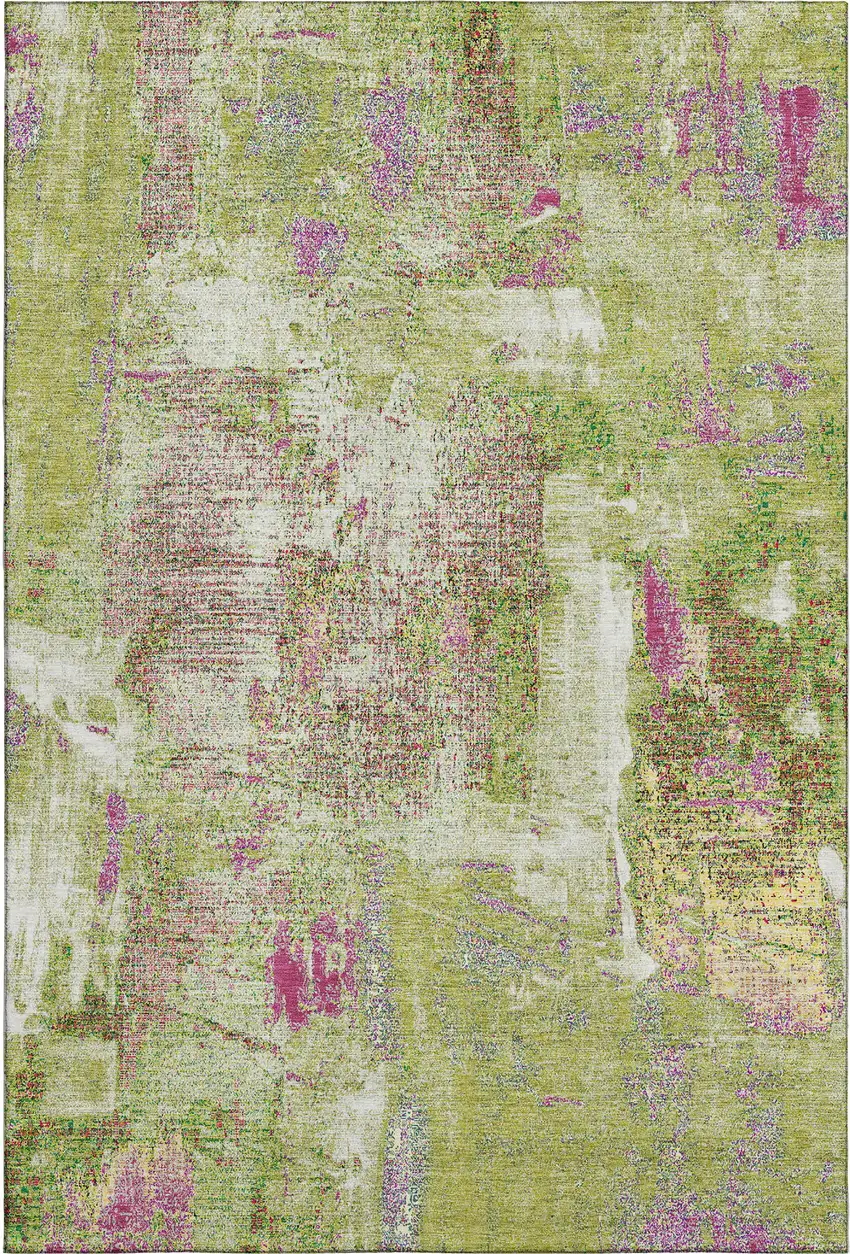 Lime Green Pink And Yellow Abstract Washable Area Rug With UV Protection Photo 4