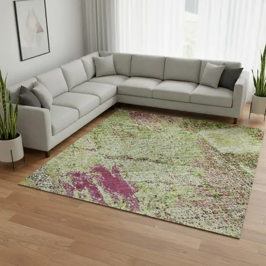 Lime Green Pink And Yellow Abstract Washable Area Rug With UV Protection Photo 2