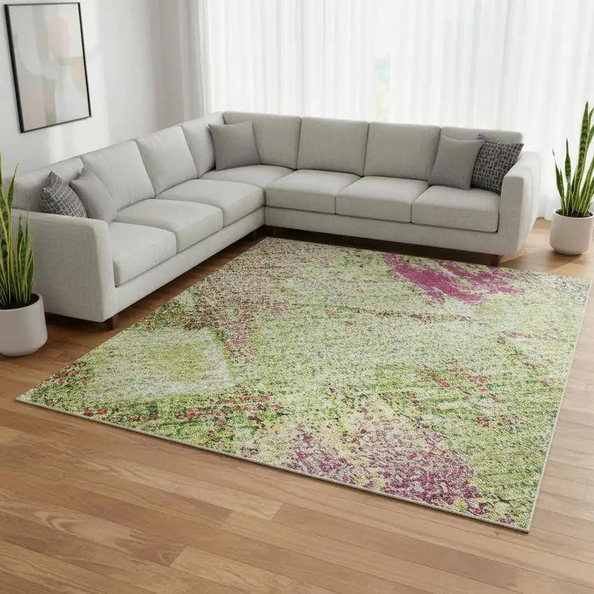 Lime Green Pink And Yellow Abstract Washable Area Rug With UV Protection Photo 2