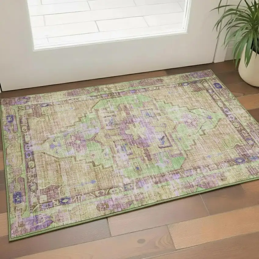 Lime Green Purple And Beige Oriental Washable Area Rug With UV Protection Photo 2
