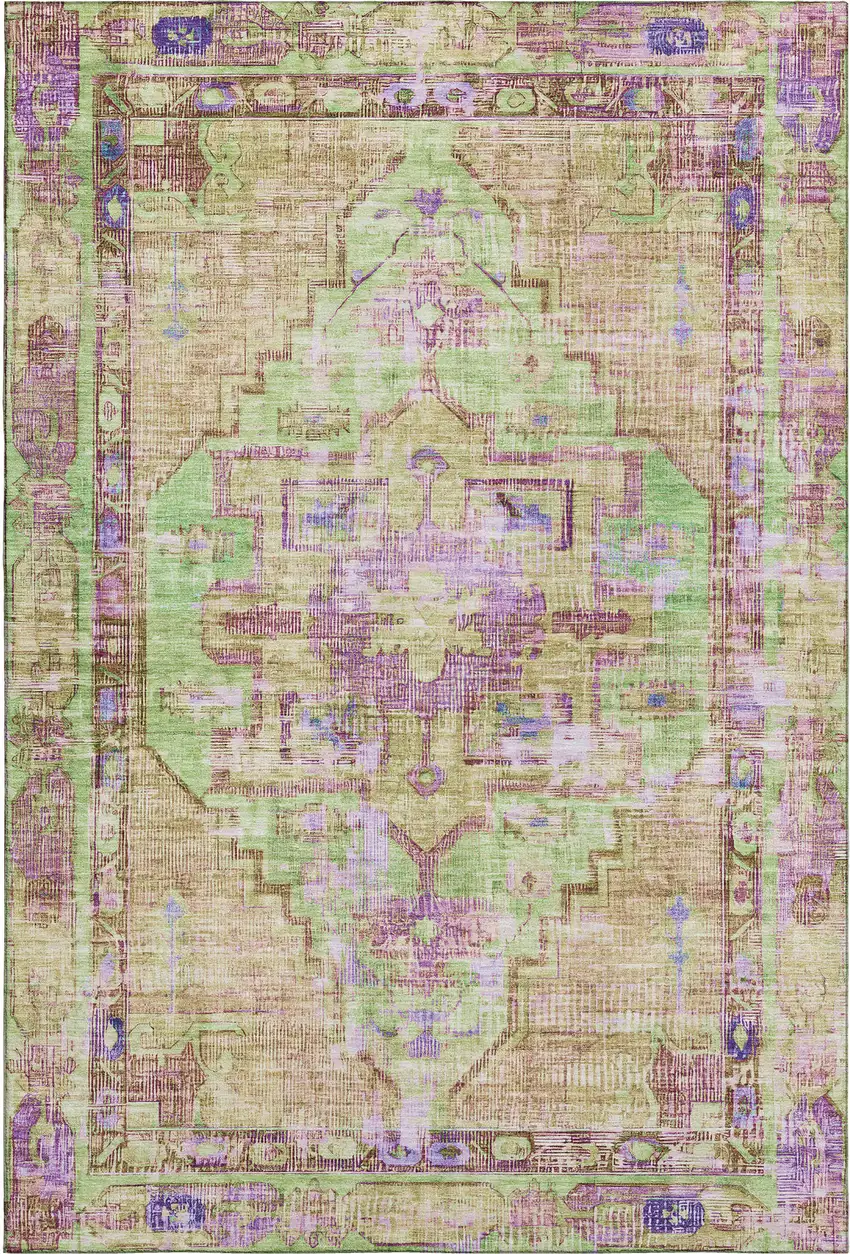 Lime Green Purple And Beige Oriental Washable Area Rug With UV Protection Photo 1