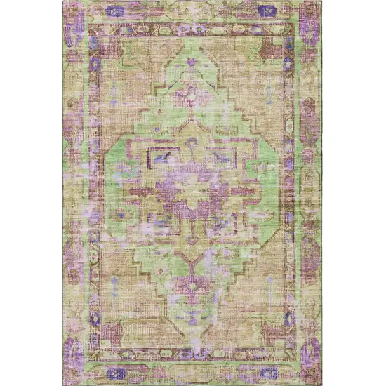 Lime Green Purple And Beige Oriental Washable Area Rug With UV Protection Photo 3