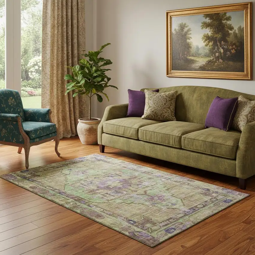 Lime Green Purple And Beige Oriental Washable Area Rug With UV Protection Photo 2