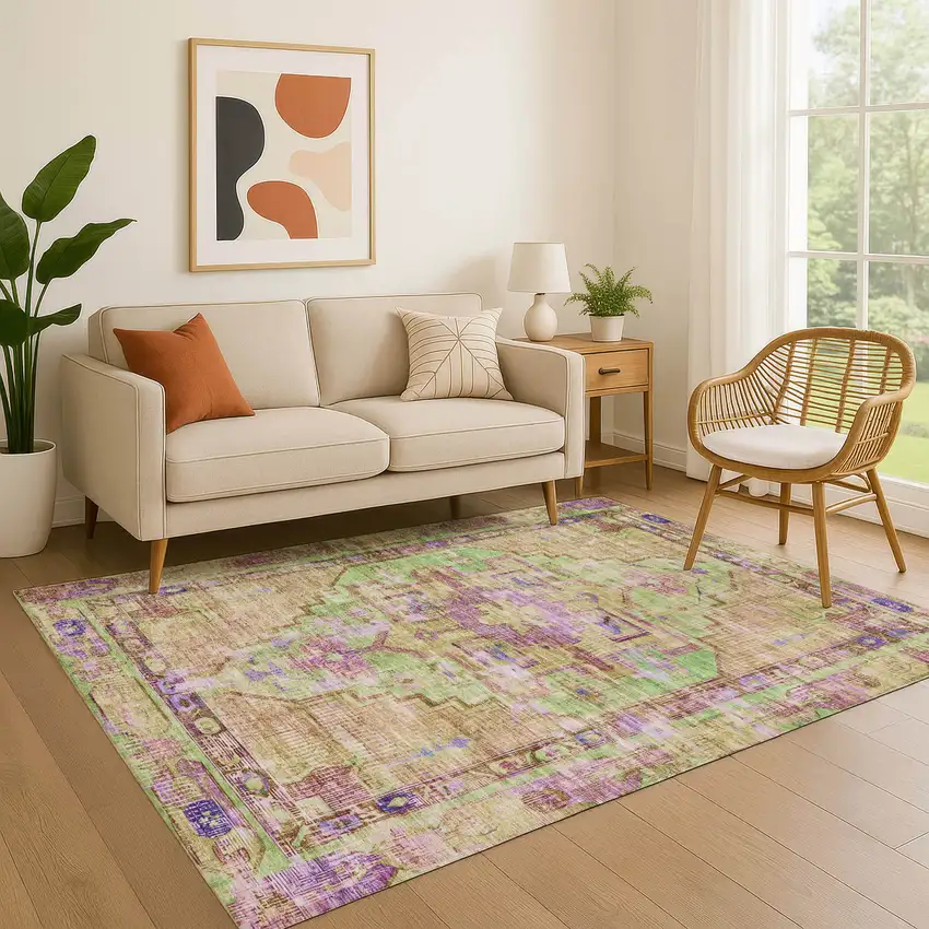 Lime Green Purple And Beige Oriental Washable Area Rug With UV Protection Photo 4