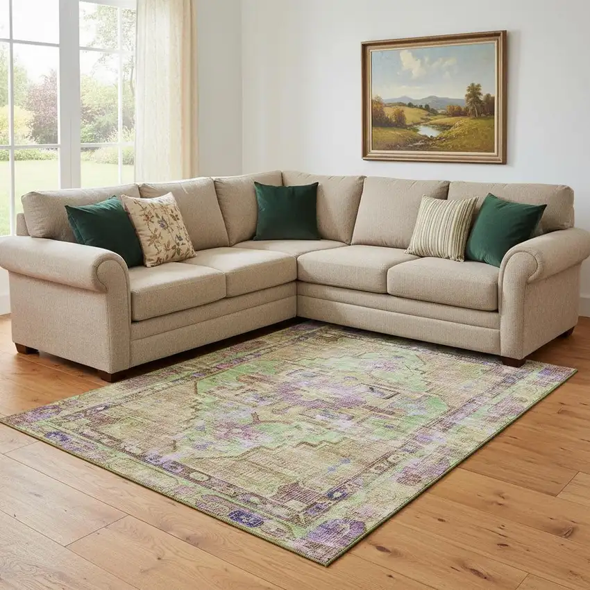 Lime Green Purple And Beige Oriental Washable Area Rug With UV Protection Photo 2