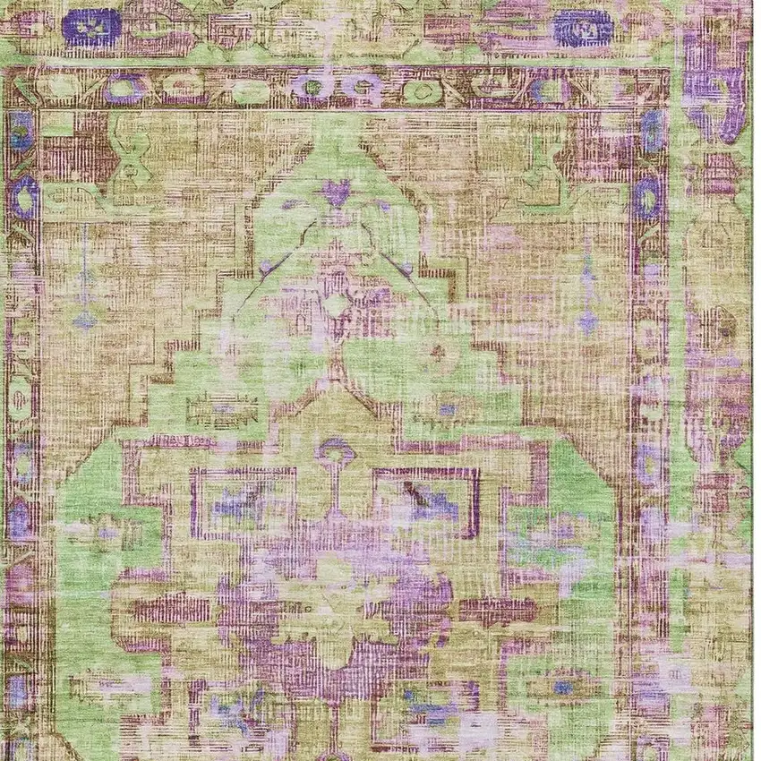Lime Green Purple And Beige Oriental Washable Area Rug With UV Protection Photo 3